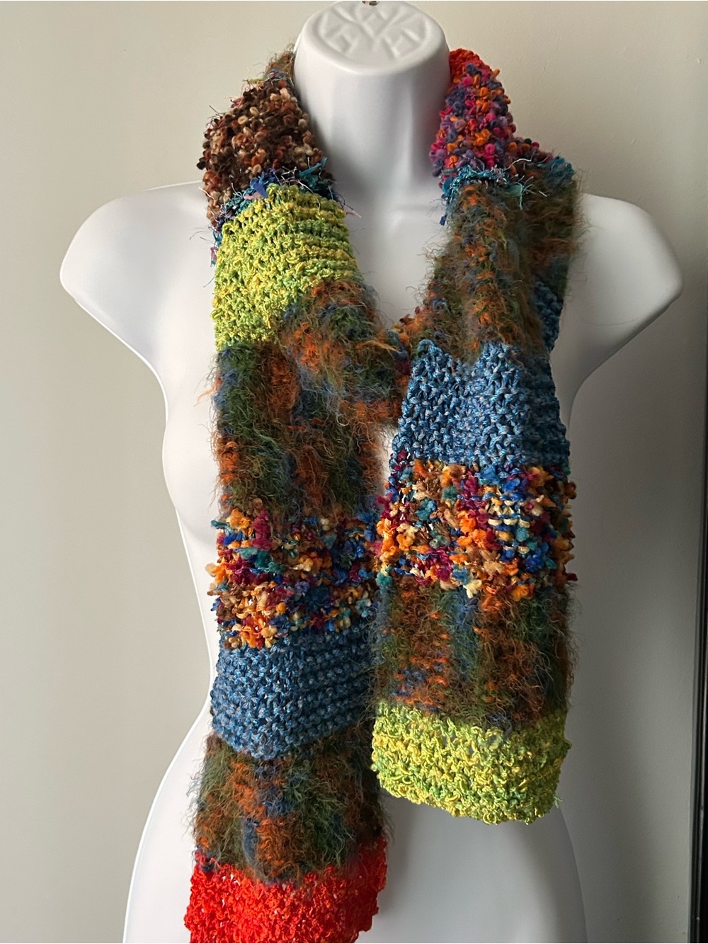 Hand-knit Multicolor Women's Scarf - Blue, Green, Orange Accents